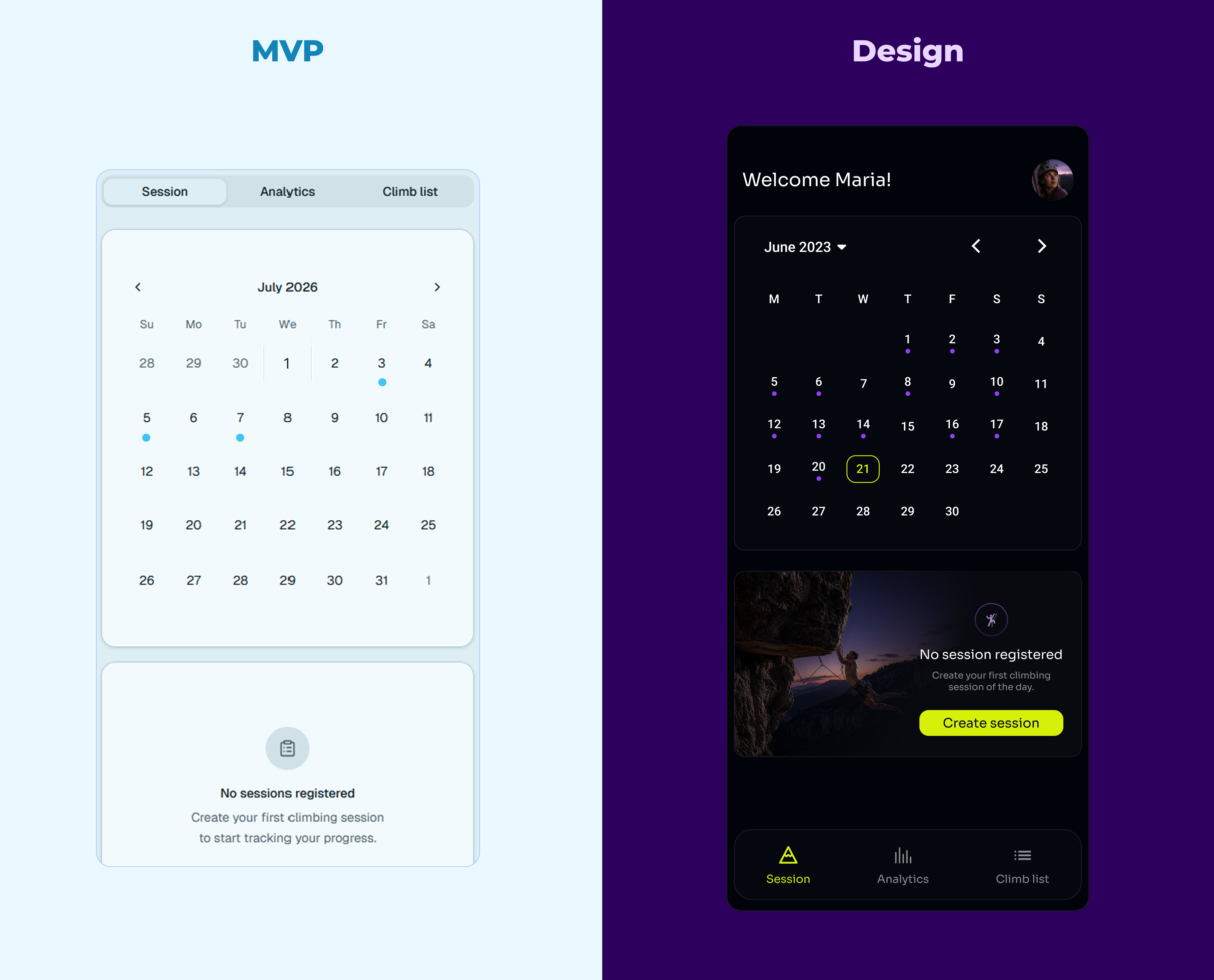 Climbing app session screen comparison between MVP and design