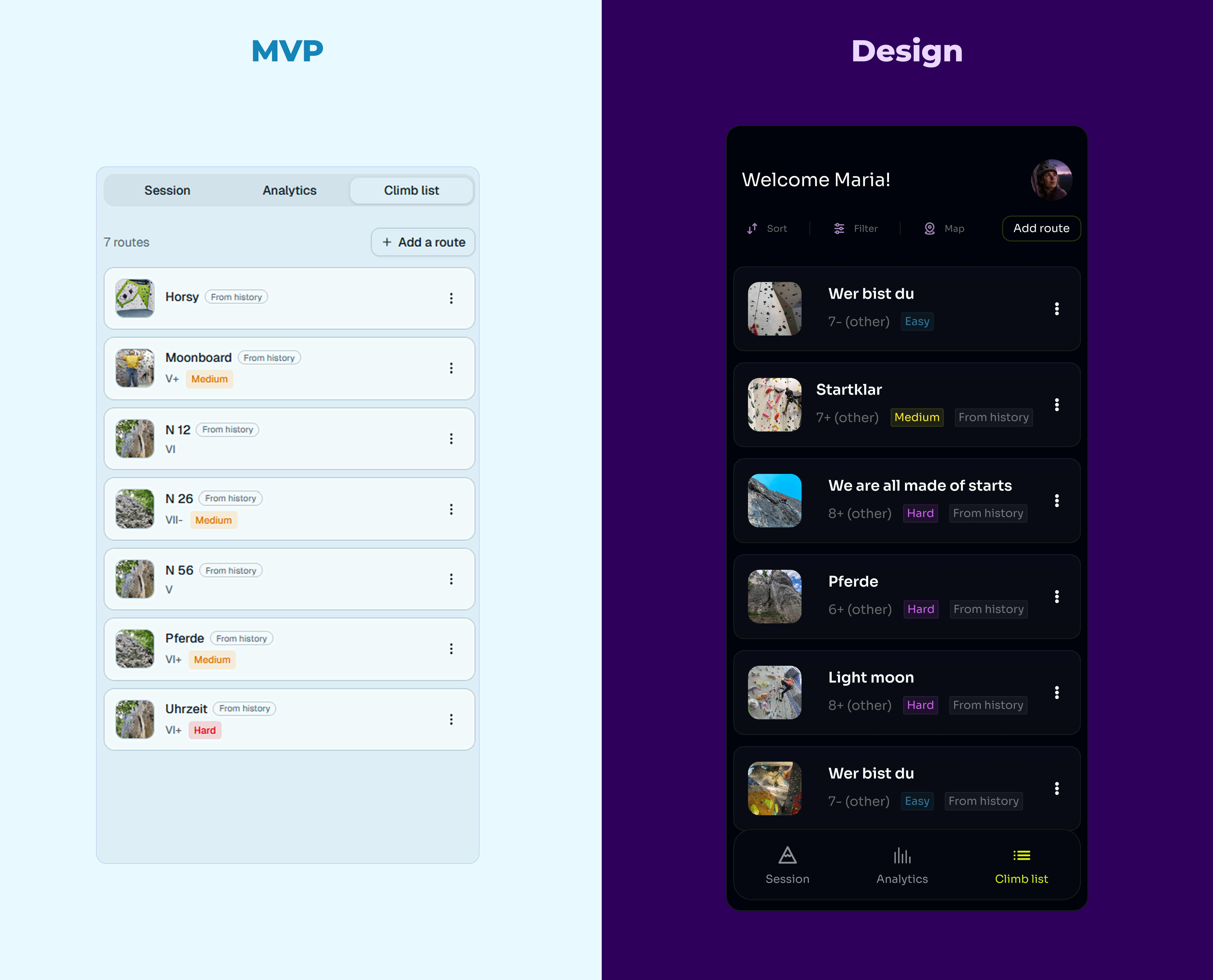Climbing app climb list comparison between MVP and design