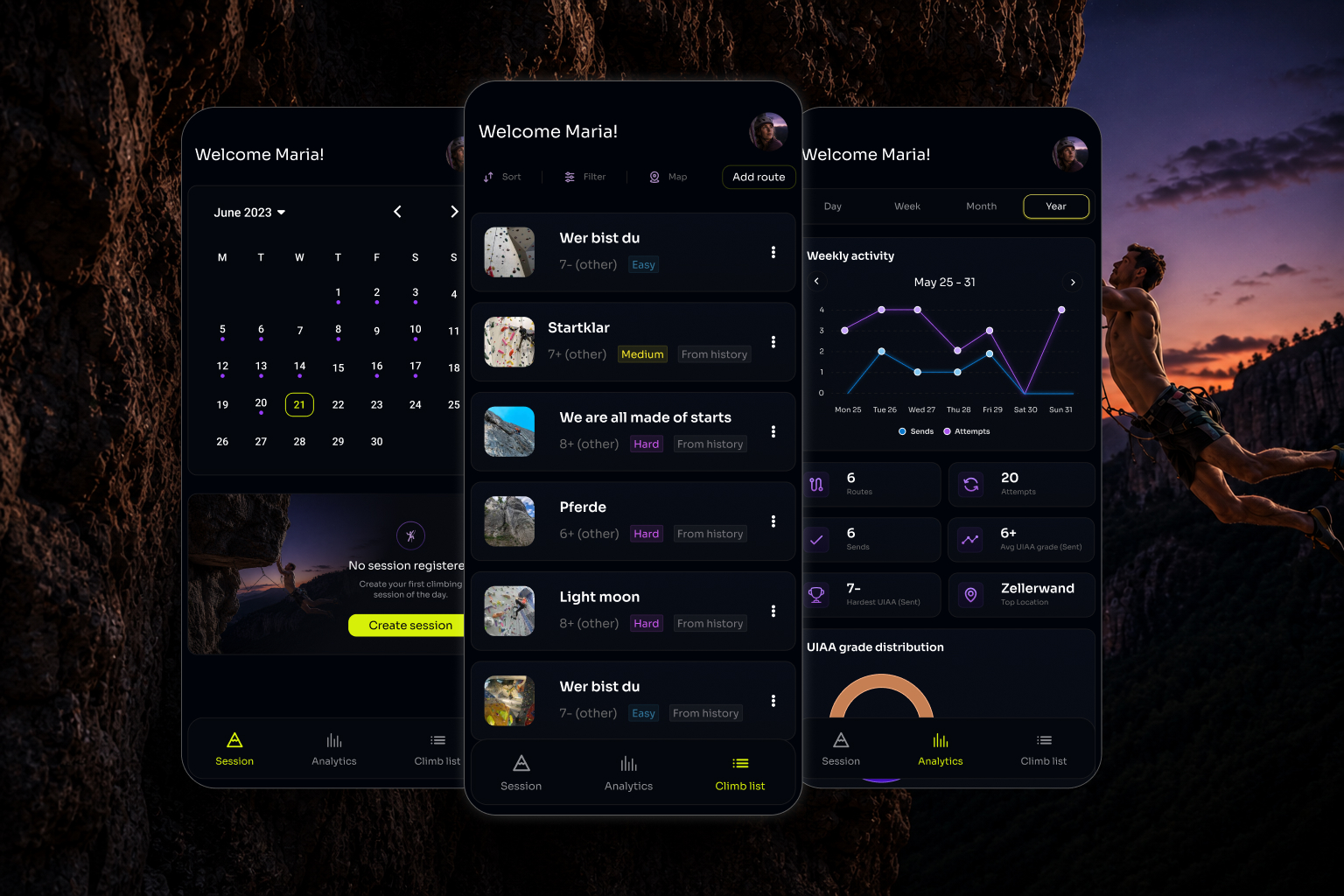 Climbing Progress Tracker hero visual showing three mobile app screens against a climbing background