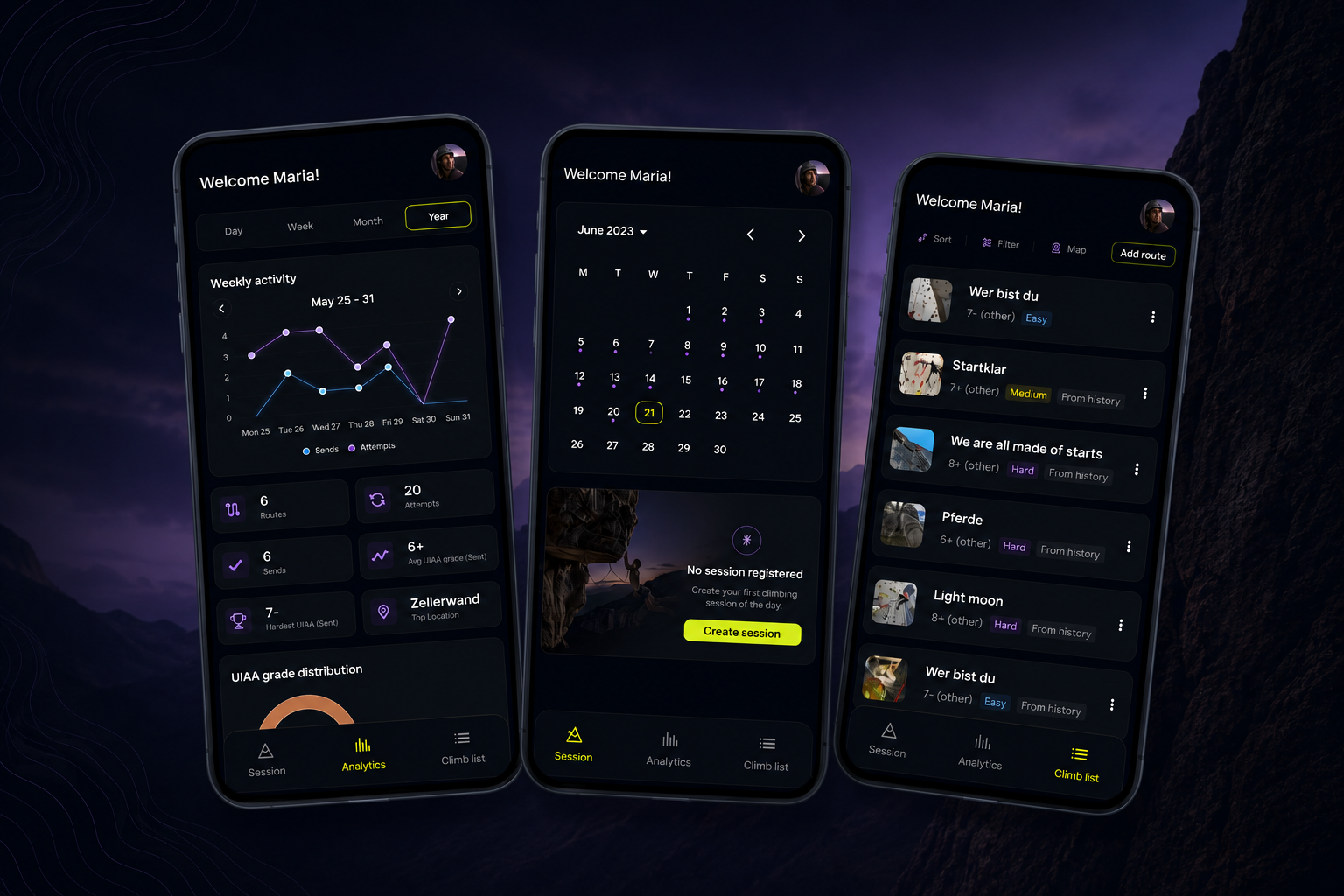 Climbing app product showcase hero image